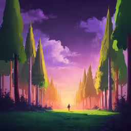 a person walking in the middle of a forest at sunset,a scene in the future with trees and a person standing on the ground