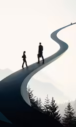 three people walking on the top of a curved road