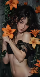 a nude woman is posing for a photo with orange flowers