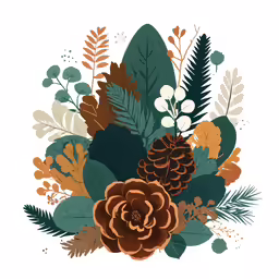 an image of leaves, pine cones and berries
