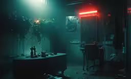 the room is filled with green light, and lit by lamps