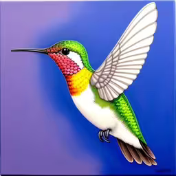 painting of hummingbird flying through the air,a bird with bright colored wings and a blue background,a picture of a bird with an ornate beak,this painting depicts a hummingbird flying against a blue sky,a painting of a hummingbird flying in the air