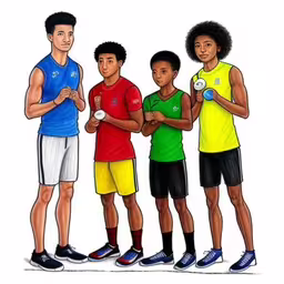 three boys in different colorful shirts holding tennis rackets,an adult male drawing shows the different stages of a child