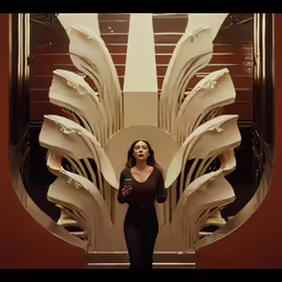 a woman holding a cellphone in her hands, standing next to a large sculpture