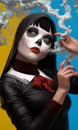 a painting of a person with black hair holding a cigarette
