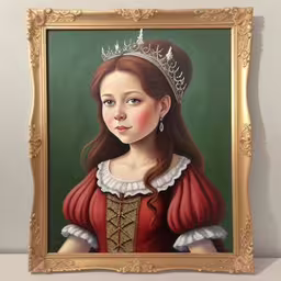 the portrait of a young woman in a red dress,a painting of a woman in a red dress with a tiara