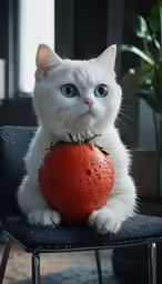 a cat sitting on top of a chair holding a tomato