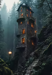 a tall structure with many windows lit up in the dark