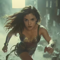 a woman dressed as wonder, running in a dirty environment