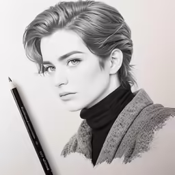 a pencil drawing of a woman in a sweater with long hair