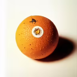 an orange with a small bird sitting on it