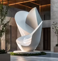 large white sculpture on sidewalk in front of large building