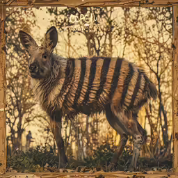 an image of a small striped animal standing in front of a forest