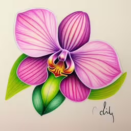 a purple flower is drawn with colored pencils on paper,a drawing of a purple flower on white paper