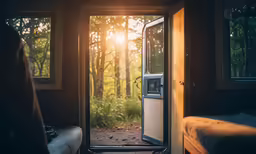 the open door of a recreational camper showing forest scenery
