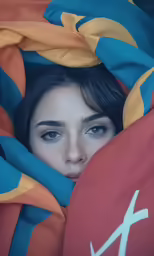 a woman covered in blankets and scarves