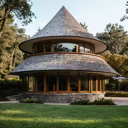 the round house is located in the middle of an outdoor lawn