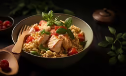 a salad of meat and noodles with tomatoes