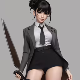 an anime woman holding a scissor with her back to the camera