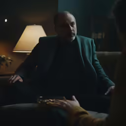a man sitting in a chair is looking down