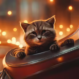 a small kitten sitting on top of a red box