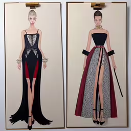 a couple of pictures sitting on top of a wall,two pieces of paper with different color dresses and fashion design,the fashion illustrations are hung on the wall in order to get the attention,two framed paintings depicting a woman in black and white gown,two drawings on a wall with paper cutouts of people in fashion