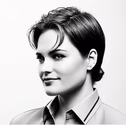 a young woman with short hair is looking straight ahead
