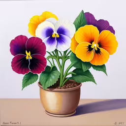 a painting of pansies sitting in a pot,a close up of flowers in a pot on a table