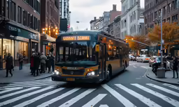 a city bus traveling down a busy street at night