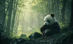 a panda bear sitting in the middle of a forest