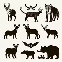 the silhouettes of different animals are grouped together,a collection of silhouettes of different types of wildlifes,a series of various wild animals and birds,this is a drawing of animals for an article,a series of wild animals silhouettes on white paper