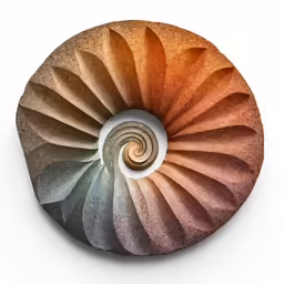 a spiral, colored stone with a white background