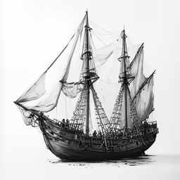 an ink drawing of a ship in the water