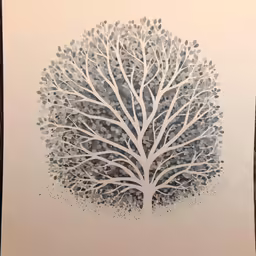 a painting of a large white tree with gray leaves
