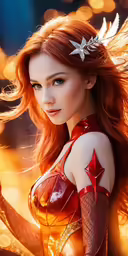 a close up of a young woman dressed in red