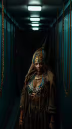 a woman in an egyptian outfit wearing jewelry,a woman with a necklace and head piece in a hallway