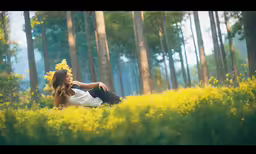 a young woman sitting in a field of yellow flowers
