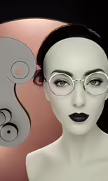 a woman wearing white glasses and a black lipstick