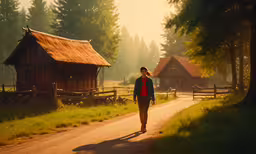 a woman walking down a dirt path past a log cabin,a woman walking on the street through some trees