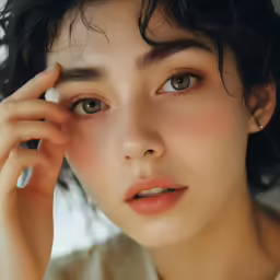 woman in white shirt with short hair holding her hand to the head