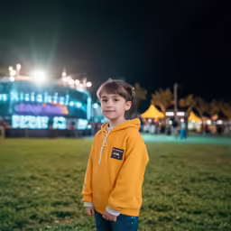 a young boy in a yellow jacket stands on the grass