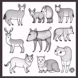 an ink drawing of various animals