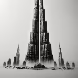 black and white photo of large buildings towering into the air