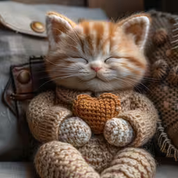 an orange cat sleeping on top of a stuffed animal,a close up of a cat with a teddy bear on a couch