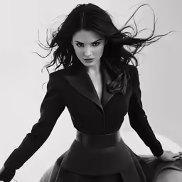 black and white photo of a woman in a skirt suit