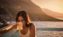 a girl sipping from a cup at the edge of a pool with mountain view