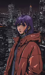 a person with purple hair standing in front of a city skyline