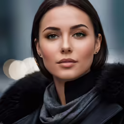 a woman is posing for a photo, wearing a fur coat and black coat