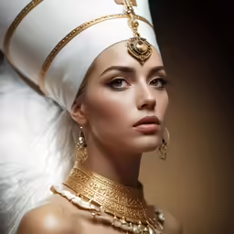 beautiful woman in luxurious outfit and gold headpiece