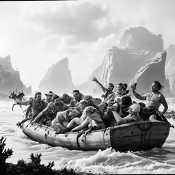 an old photo of people on a raft